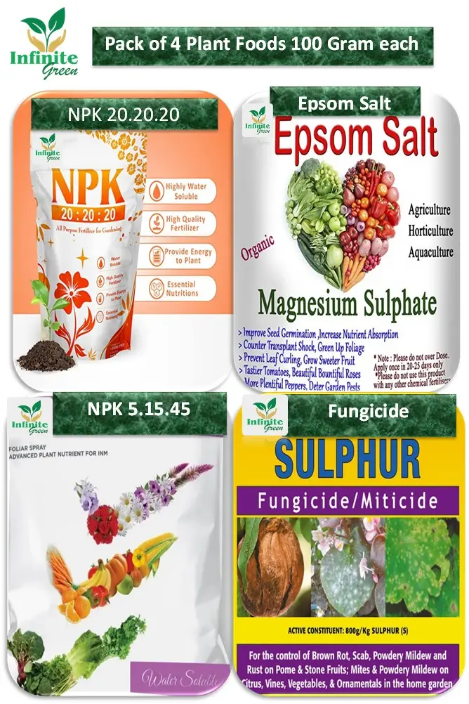 Pack of 4 Plant Foods (Fertilizer) (NPK 20.20.20 +TE , NPK 5.15.45 +TE , Epsom Salt, Fungicide) , 100 Gram .
